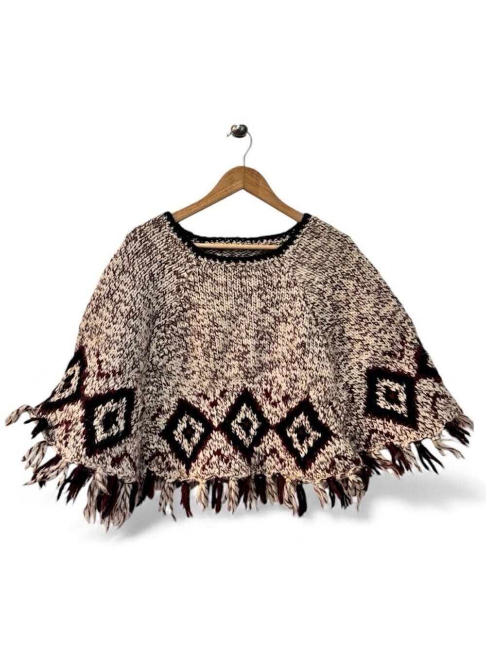 Handmade Chunky Knit Fringe Poncho Southwest Diamond One Size
